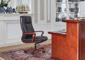 Klasyczny skórzany fotel do biura wygodny ze skóry naturalnej Ambassador. Podłokietniki i rama z drewna, skórzana tapicerka dostępna w kolorach czarnym, brązowym i kremowym. Meble klasyczne gabinetowe.