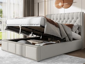 Łóżko tapicerowane lniane - ozdobione nitami - z stelażem na listwy - 140x190cm - Jasnoszare