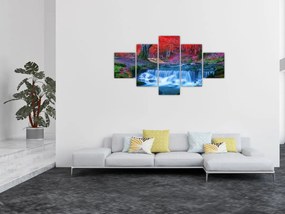 Obraz wodospadu w czerwonym lesie (125x70 cm)