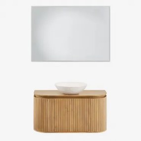 Zestaw Wiszących Mebli Łazienkowych 90x40 Cm Z Drewna Mango Analis Drewno Mango & Cement Okrągły Biały Ø40 Cm Zavion & Prostokątna Lampa Led I Przeciw