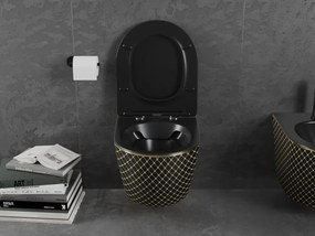 Mexen Lena miska wc Rimless z deską wolnoopadającą slim, duroplast, czarna mat/złota wzór kratka - 30224079