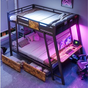 Łóżko piętrowe 90 x 200 cm z biurkiem, gniazdkami elektrycznymi, USB i Type-C, diodą LED, 2 szufladami - Metal + MDF - Czarne (Materac nie jest wliczony w cenę)