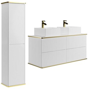 Podwieszana szafka łazienkowa prążkowana , z podwójną kwadratową umywalką nablatową i słupkiem - Biała - 120 cm - KELIZA