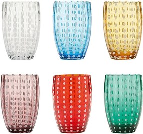 Szklanki perłowe szafranowe 32 cl, ręcznie dmuchane szkło kolorowe, zestaw 6 kieliszków rzemieślniczych do wody lub koktajli, mix kolorów