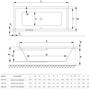 Wanna prostokątna biała do zabudowy odpływ na środku INDO | Różne rozmiary : Rozmiar - 180 x 80 cm