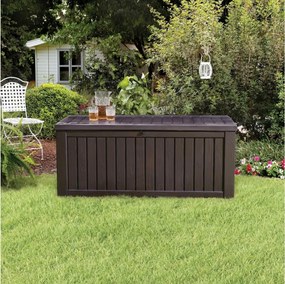 Kufer ogrodowy z żywicy "Rock" z efektem drewna, pojemny 155x72,4 cm 64,4h