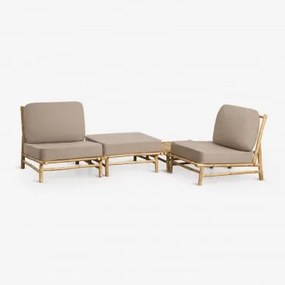 Zestaw Ogrodowy Z 2 Fotelami, Pufem I Kwadratowym Stolikiem Kawowym 75x75 Cm Z Bambusa Isendra Tkanina W Kolorze Mokki W Kolorze Brązowym - Sklum