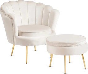 Fotel Wypoczynkowy GRAND z Podnóżkiem Muszelka Kremowy Welurowy Glamour