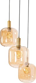 Designerska lampa wisząca czarna z mosiądzem i bursztynowym szkłem 3-światłowa - Zuzanna