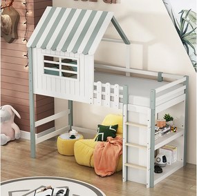 Łóżko piętrowe 90 x 200 cm - łóżko kabinowe z drabinką - Półka do przechowywania - Drewno lite - Zielony