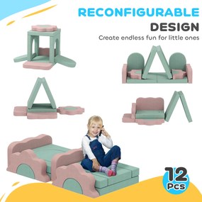 AIYAPLAY 12-częściowy zestaw klocków piankowych do wspinaczki, budowania, pełzania, maty do zabawy w pomieszczeniach z pokryciem z weluru, Zielony+Różowy
