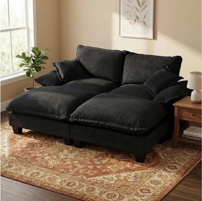 2-osobowa sofa modułowa z 2 zdejmowanymi podnóżkami i 2 poduszkami, z czarnej tkaniny szenilowej
