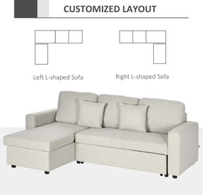 HOMCOM Narożnik z funkcją spania, Zestaw narożny z sofą 2-osobową, Łóżkiem, Narożnikiem L z miejscem do przechowywania, 2 Poduszki Kremowy
