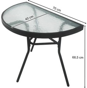 Półokrągły stolik ogrodowy z szklanym blatem ISLAND 70x40 cm, czarny