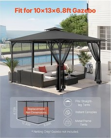 Namiot Ogrodowy SucceBuy Moskitiera do Altany 304,8 x 396,2 x 207,3 cm, Siatka do Altany Zewnętrznej z Podwójnym Zamkiem Błyskawicznym, Zasłona przeciw Owadom