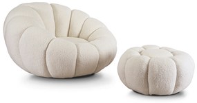 Fotel Wypoczynkowy Obrotowy PETTIT Kremowy z Pufą w Tkaninie Teddy Boucle