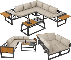 Salon ogrodowy - 6 osób - ze stali ocynkowanej - kanapa narożna - ze stolikiem kawowym - blat z tworzywa drewnopodobnego - i metalowym kubkiem na lód, Beżowy