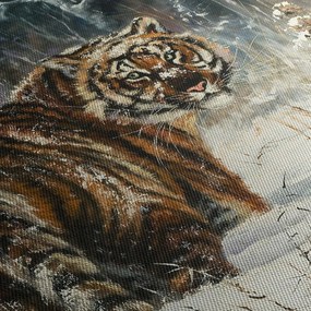 Obraz - Tygrys w zaśnieżonym lesie, obraz olejny (z zegarem) (90x30 cm)