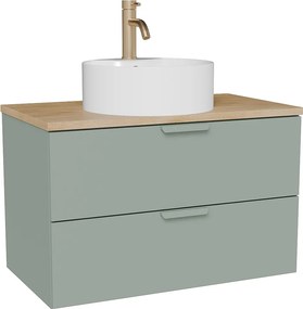 Wisząca szafka łazienkowa z okrągłą umywalką nablatową i baterią – Szałwiowa zieleń – S80 cm – AVORELI