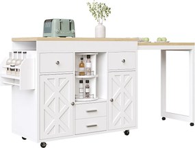 Wyspa kuchenna - rozsuwany stół jadalniany - z kółkami i wieszakiem na ręczniki - regulowane półki - Biały