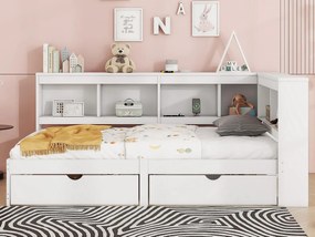 Łóżko banquette 90x200cm - z portami USB i schowkami - Białe