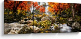 Obraz - Wodospady w jesiennym krajobrazie, pomarańczowy (z zegarem) (90x30 cm)