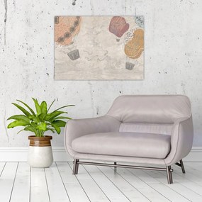 Obraz na szkle - Balony nad miastem, ciepłe odcienie (70x50 cm)