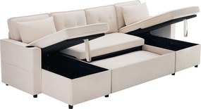 Kanapa w kształcie U 270x130x86cm - Kanapa tapicerowana - Tkanina bawełniana i lniana - Z uchwytem na kubek - Dwie komory do przechowywania - beżowa