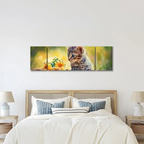 Obraz kotka patrzącego na kwiat (170x50 cm)