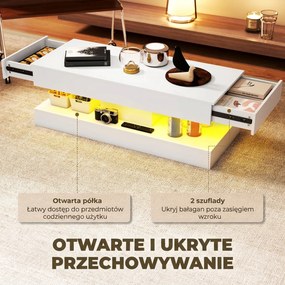 HOMCOM Stół do salonu z szufladami i lampkami LED, nowoczesny stół do kanapy z otwartą półką, stół kawowy, płyta wiórowa, Biały