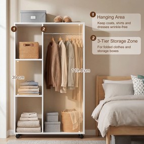 HOMCOM Szafa na Kółkach, Mobilna Garderoba, Szafa Garderobiana, Ruchoma Szafa na Ubrania, 80 x 40 x 128 cm, Biały