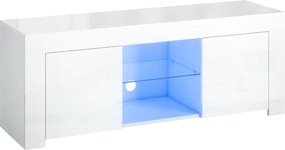 HOMCOM Stolik TV z oświetleniem LED, 2 drzwi szafy, szklana półka, otwory na kable, do salonu, płyta wiórowa, Biały