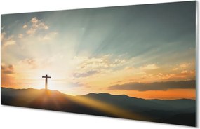 Szklany Panel Krzyż w Górach o Zachodzie Słońca