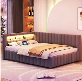 Pufa łóżkowa pikowana z weluru 140x200 cm, Kanapa z funkcją spania z LED, USB, oparciem i wezgłowiem, Szary