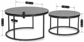 Zestaw Stolików Kawowych MAURO MAX 60 cm/80 cm Czarny Marmur Glamour