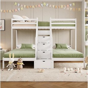 Łóżko piętrowe dla dzieci - 3 x 90 x 200 cm - z 4 schowkami na klatce schodowej - Sosna + MDF - biały