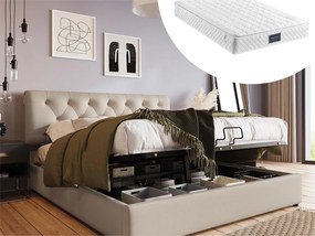 Łóżko ze schowkiem 140 x 200 cm - tkanina lniana - styl nowoczesny - naturalny + materac