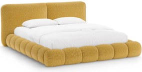 Musztardowe tapicerowane łóżko dwuosobowe ze schowkiem ze stelażem 180x200 cm Solange – Micadoni