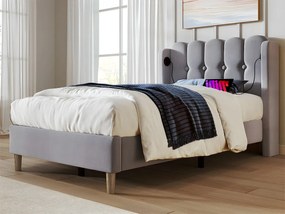 Łóżko 90x200cm tapicerowane lnem - z portami ładowania i stelażem na listwy - Szare