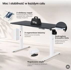 Biurko elektryczne z regulacją wysokości ergonomiczne biało-antracytowe,1200x600 mm: ARIA