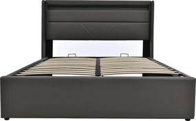 Łóżko ze schowkiem 160 x 200 cm - skóra ekologiczna - diody LED - szare + materac