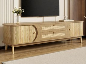 Meble pod TV 170x40x46 cm - 2 szuflady i 2 fronty - naturalne usłojenie drewna + Rattan - MDF - Kolor naturalny