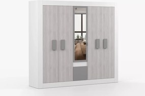 Szafa 5-drzwiowa Arion 231 cm z lustrem, biała z frontami Kathult szarymi, półki, szuflada i drążki