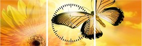 Obraz - Żółty motyl z kwiatkiem (z zegarem) (90x30 cm)