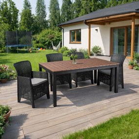 Zestaw Mebli Ogrodowych Stół ARGOS 140-180 cm Orzech/Czarny i 4x Fotel FRESNO Czarny Technorattan Nowoczesny