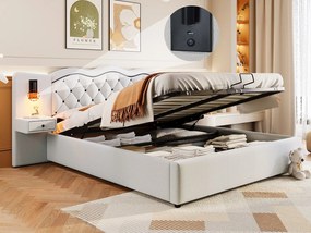 Nowoczesne łóżko z pojemnikiem 180 x 200 cm - 2 szafki nocne, 2 lampki nocne i USB - Tkanina lniana - Beż