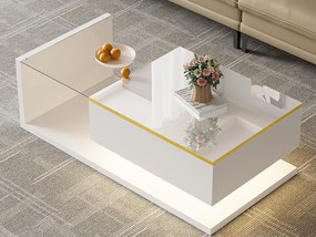 Nowoczesny stolik kawowy – Szkło – Oświetlenie LED – Schowek – Biały