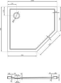 Mexen Flow brodzik pięciokątny slim lewy 100 x 80 cm, czarny mat - 46P708010L