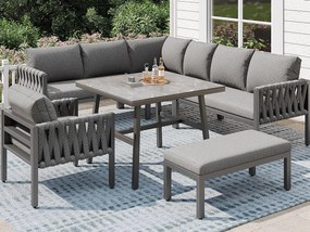 Zestaw mebli ogrodowych - z liną - z galwanizowanej stali, regulowane nogi, narożna sofa, 1 fotel, 1 stołek, szary