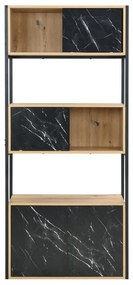 Biblioteczka z 4 drzwiczek i 2 wnękami z MDF i stali - Efekt czarnego marmuru i naturalny - YELANIA